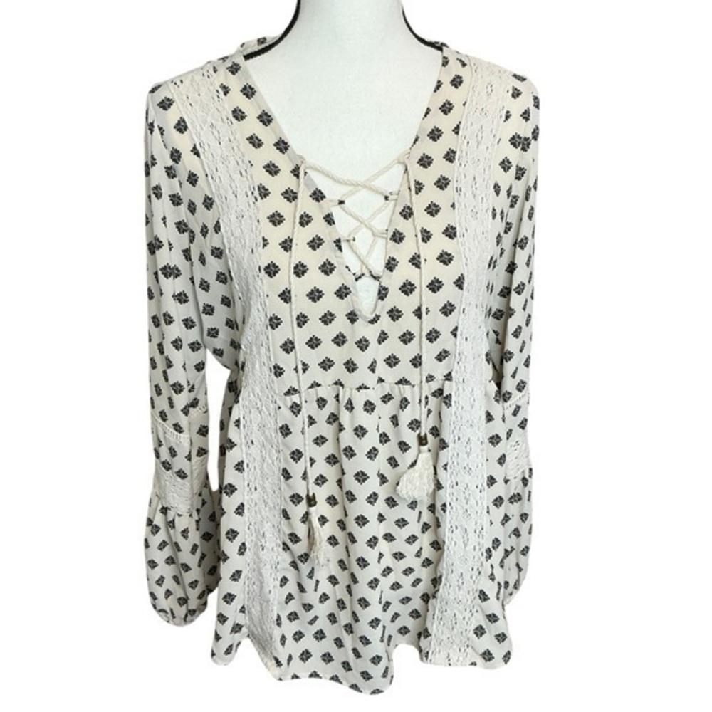 Hint of Mint Lace Up Peasant Blouse Cream and Black Boho Bohemian Cottage Core